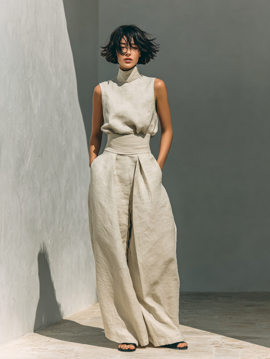 Conjunto minimalista de blusa sin mangas y pantalón ancho