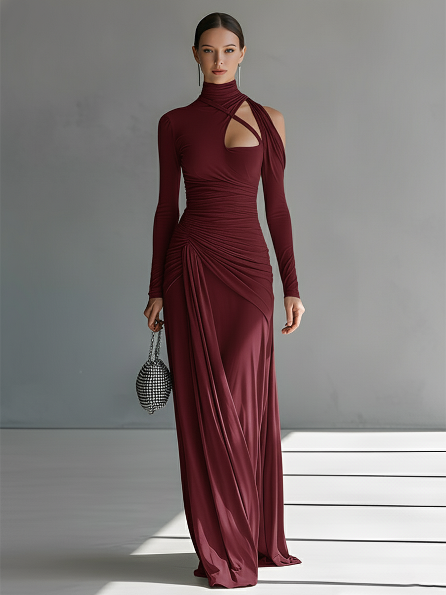 Vestido largo de mujer gris, de tejido sedoso y elástico