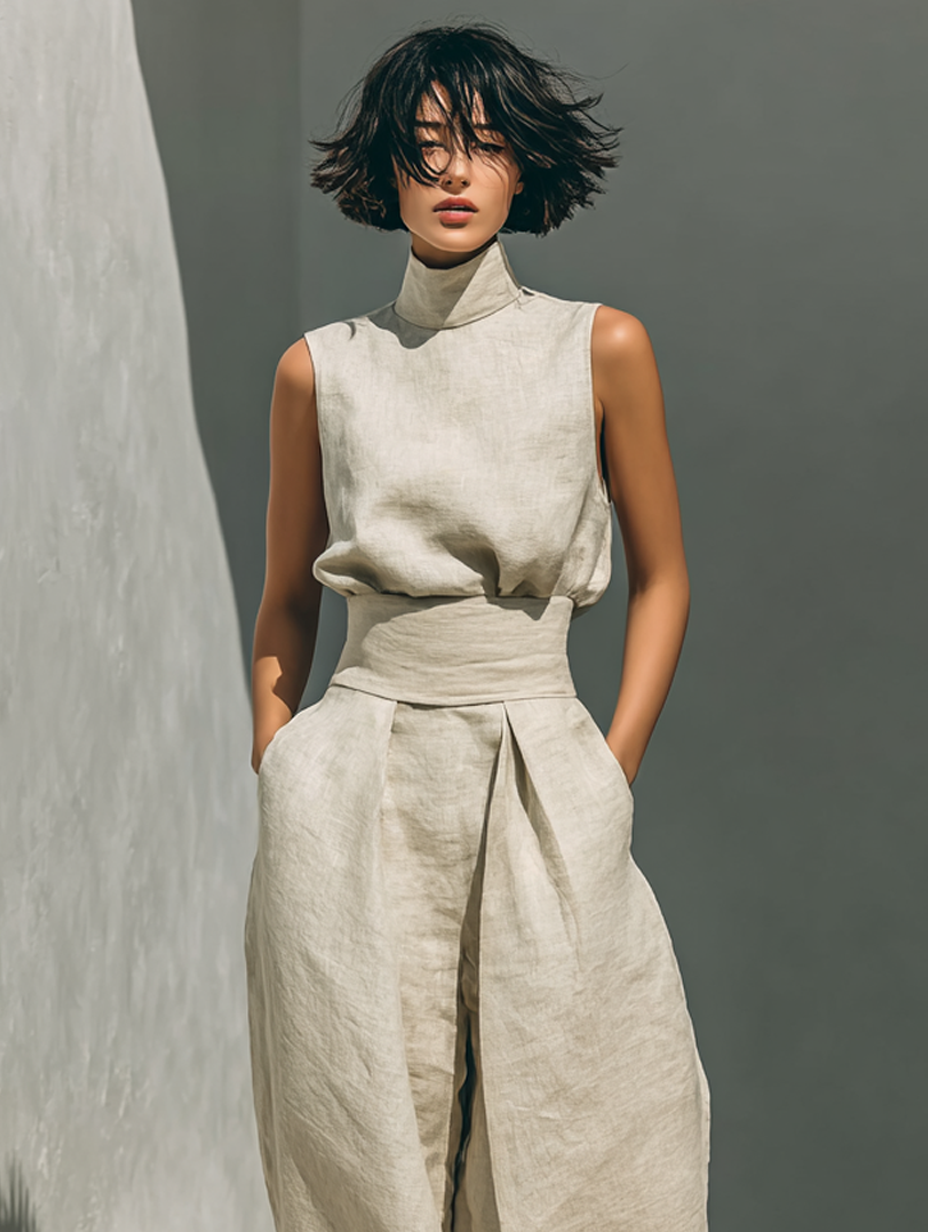 Conjunto minimalista de blusa sin mangas y pantalón ancho