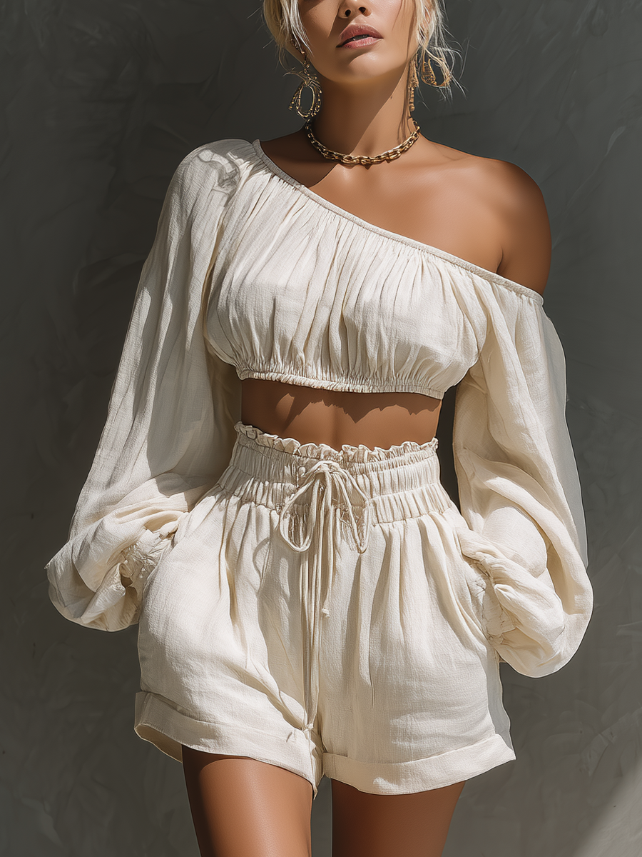 Conjunto de dos piezas de lino color blanco roto