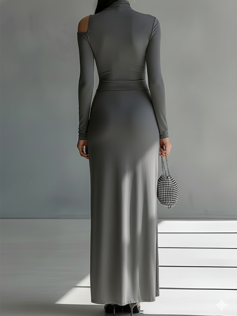 Vestido largo de mujer gris, de tejido sedoso y elástico
