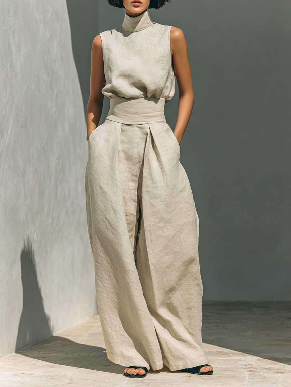 Conjunto minimalista de blusa sin mangas y pantalón ancho