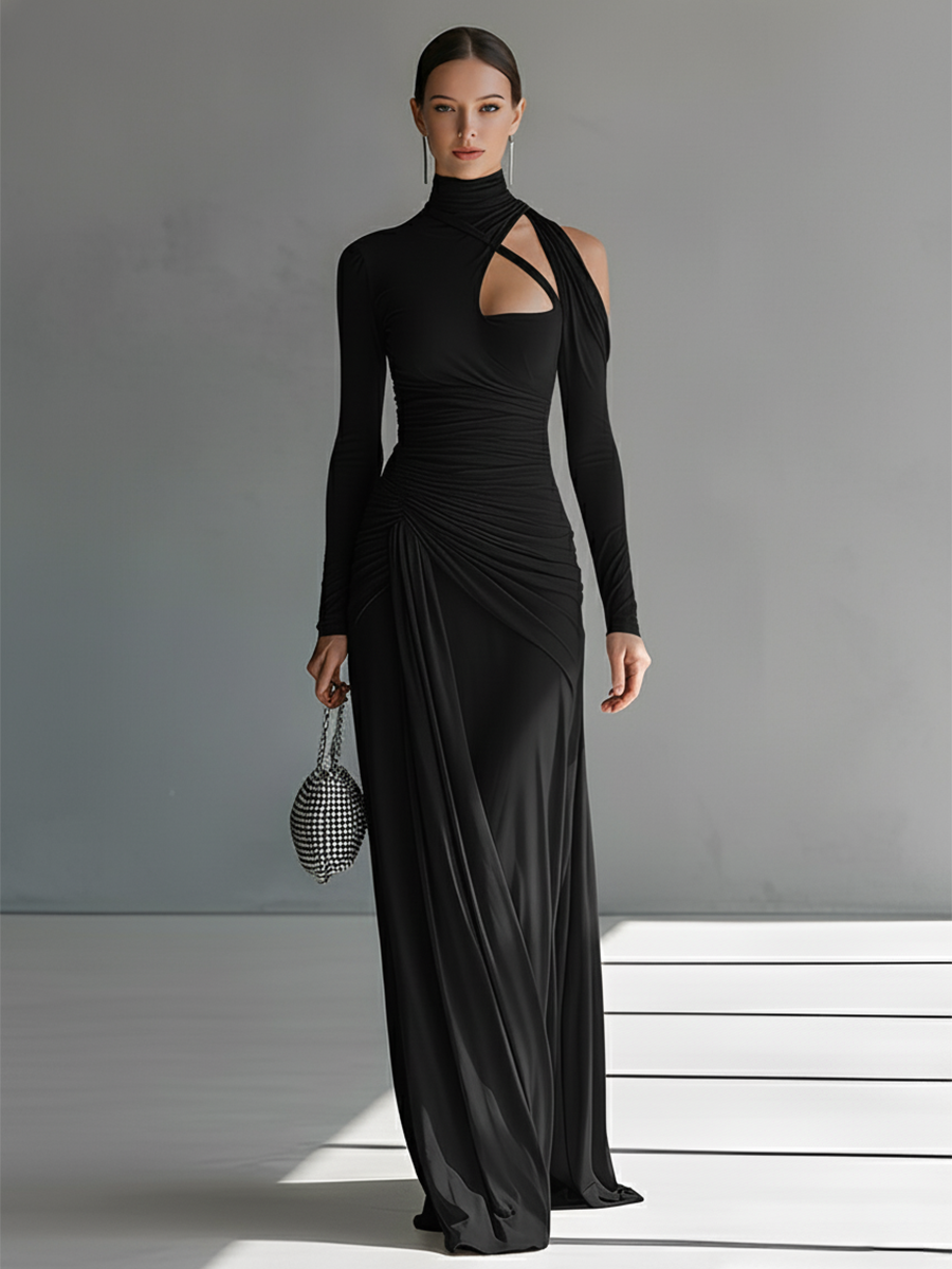 Vestido largo de mujer gris, de tejido sedoso y elástico