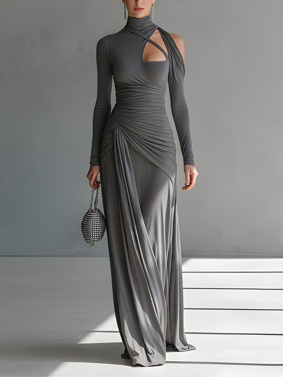 Vestido largo de mujer gris, de tejido sedoso y elástico