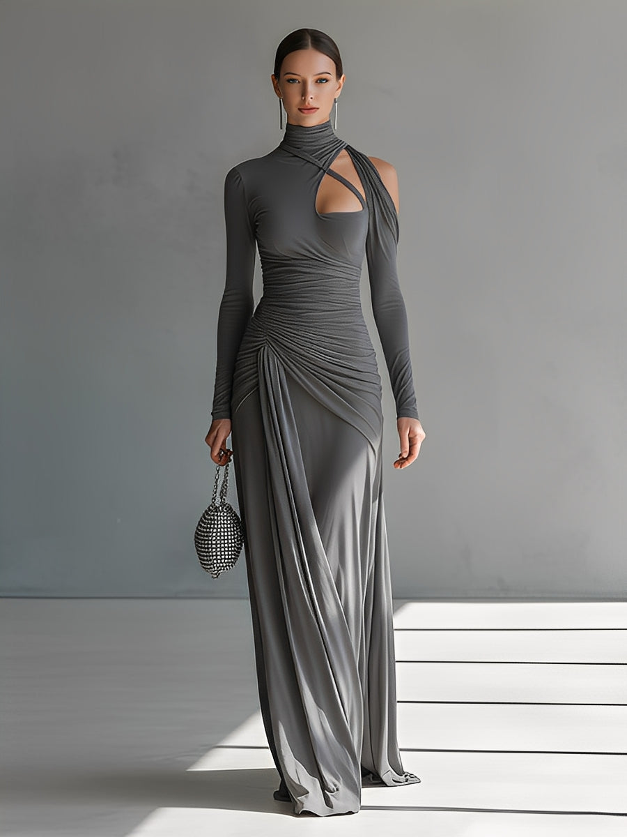 Vestido largo de mujer gris, de tejido sedoso y elástico