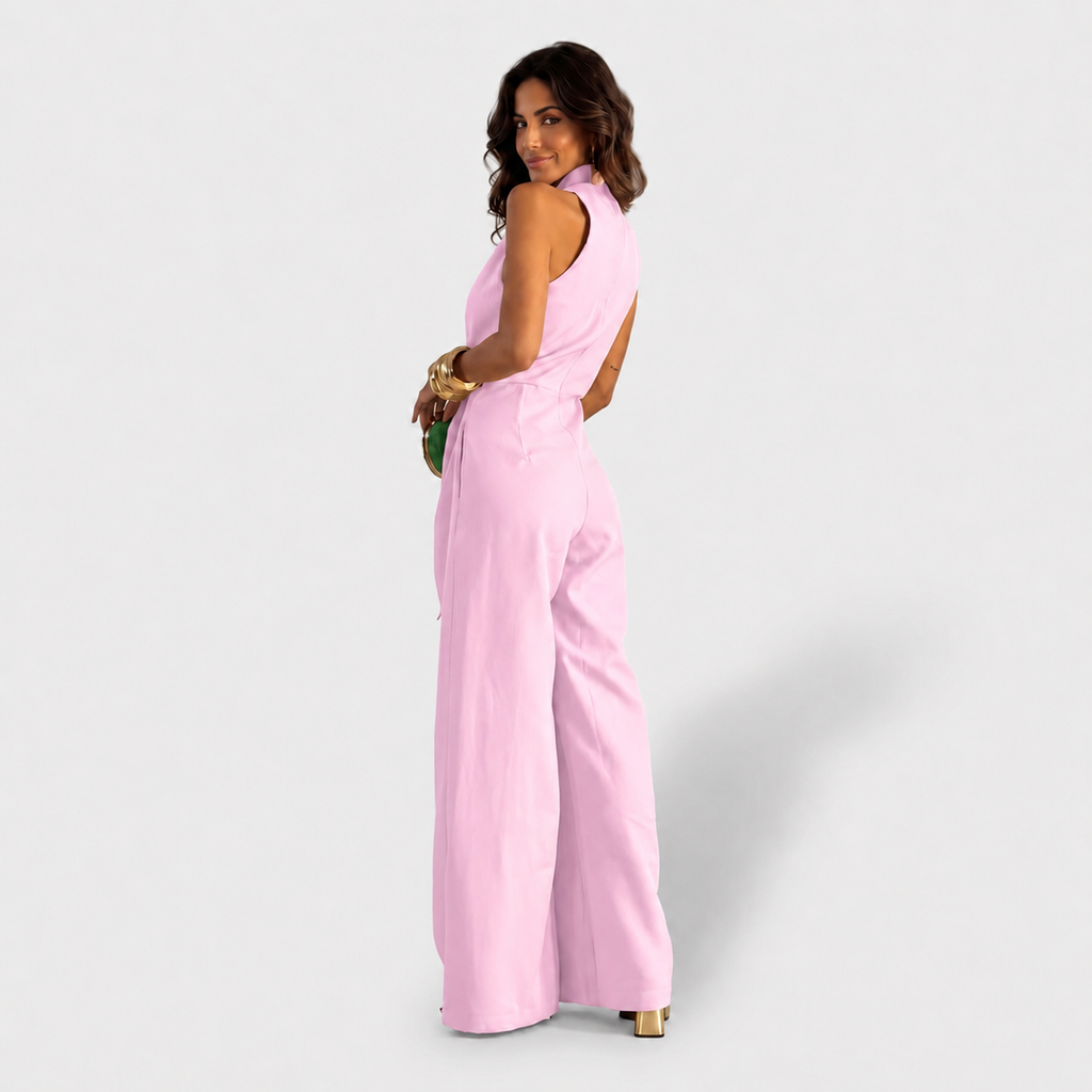 Mono Largo Elegante con Escote Drapeado y Pierna Ancha