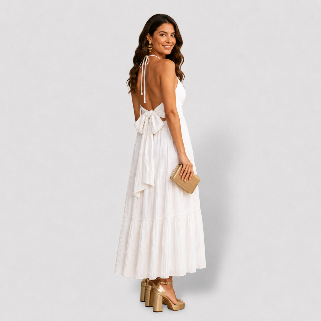 Vestido Largo con Escote Halter y Espalda Elegante con Lazo