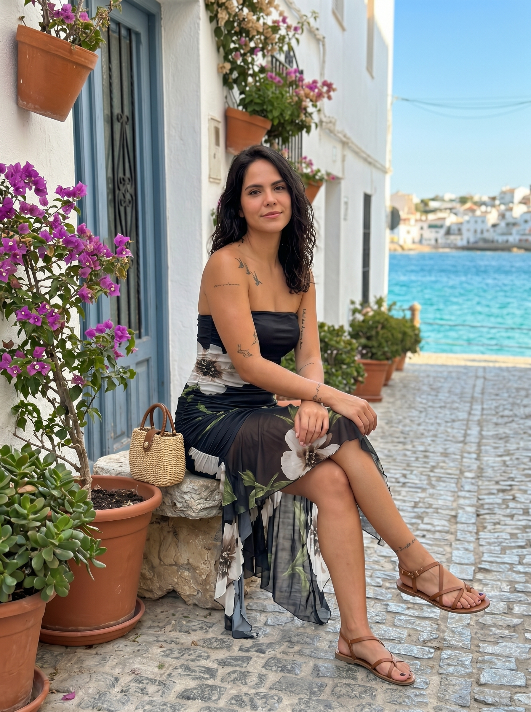 Vestido negro con estampado floral