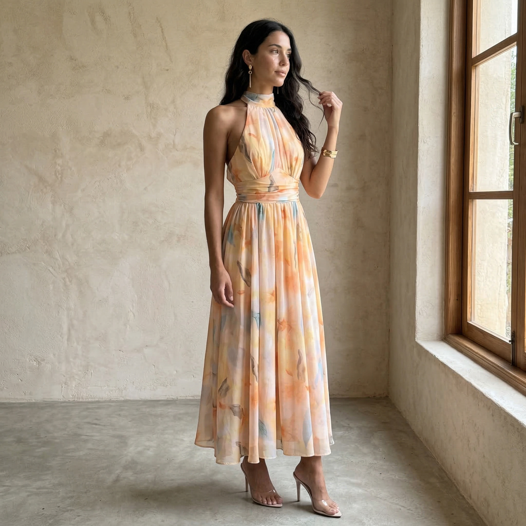 Vestido estampado con cuello Halter y cintura ajustable