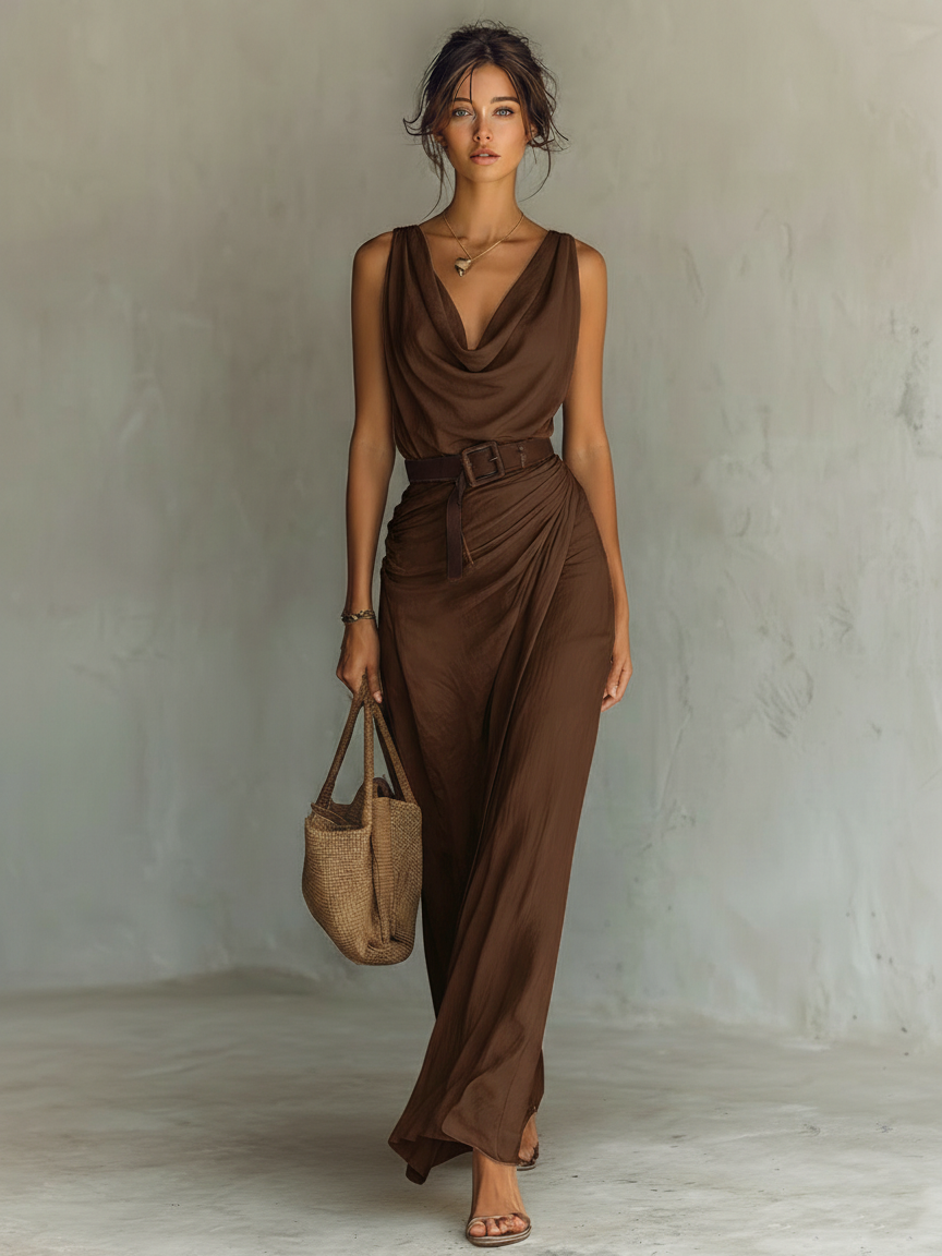 Vestido largo sin mangas con cuello vuelto y cinturón