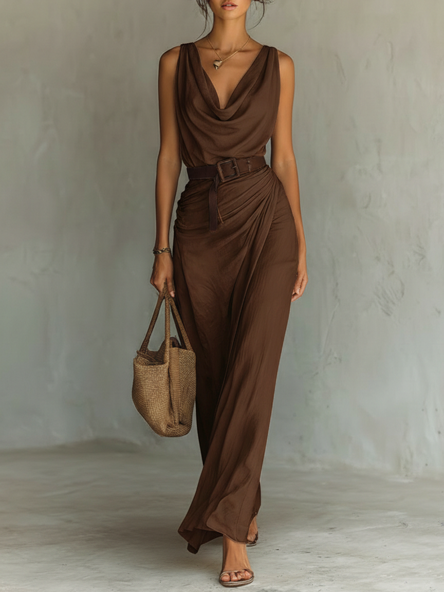 Vestido largo sin mangas con cuello vuelto y cinturón