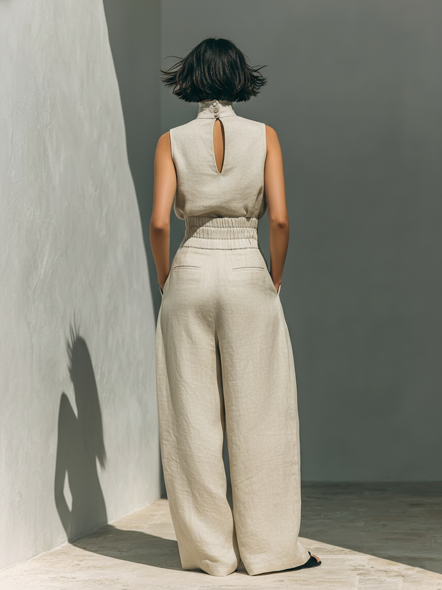 Conjunto minimalista de blusa sin mangas y pantalón ancho