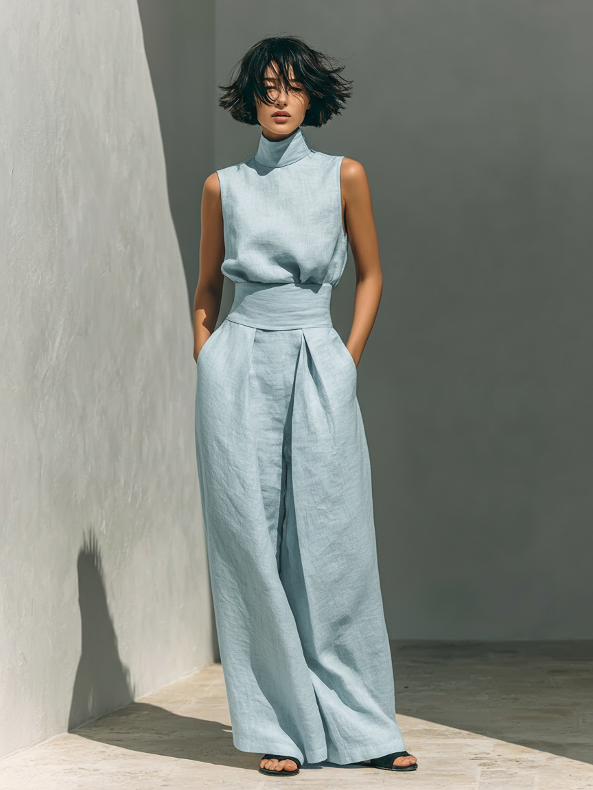 Conjunto minimalista de blusa sin mangas y pantalón ancho