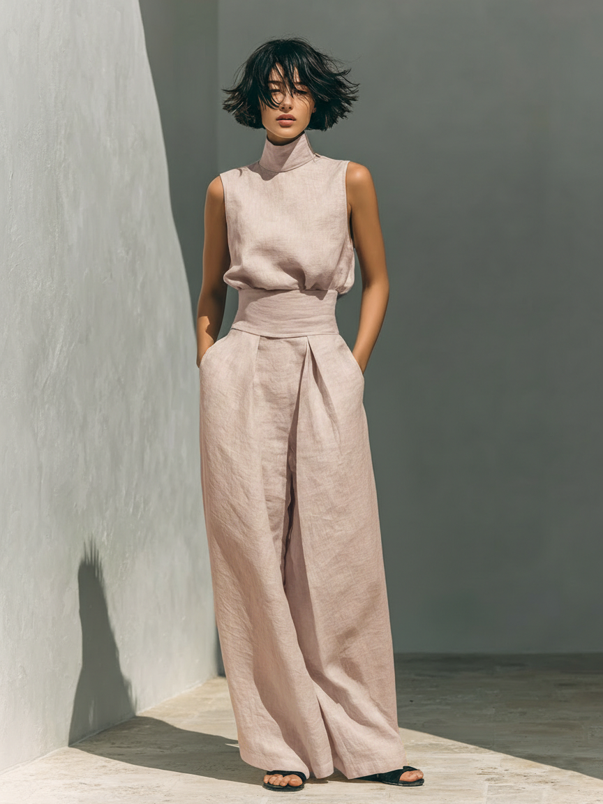 Conjunto minimalista de blusa sin mangas y pantalón ancho