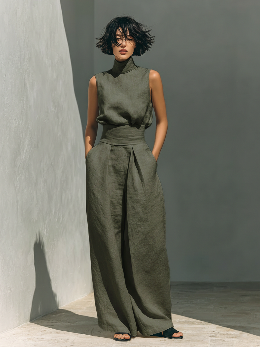 Conjunto minimalista de blusa sin mangas y pantalón ancho