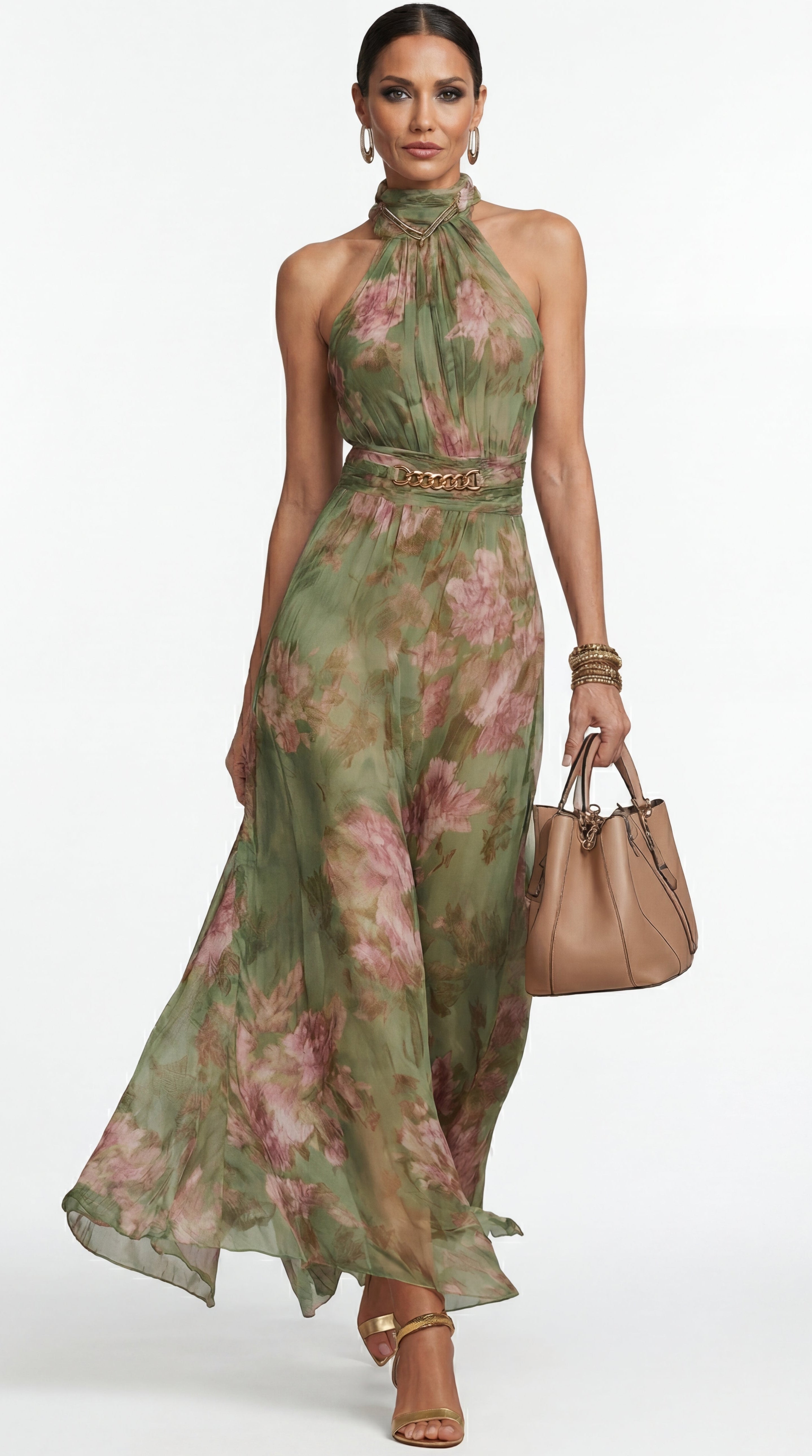 Vestido maxi halter floral elegante