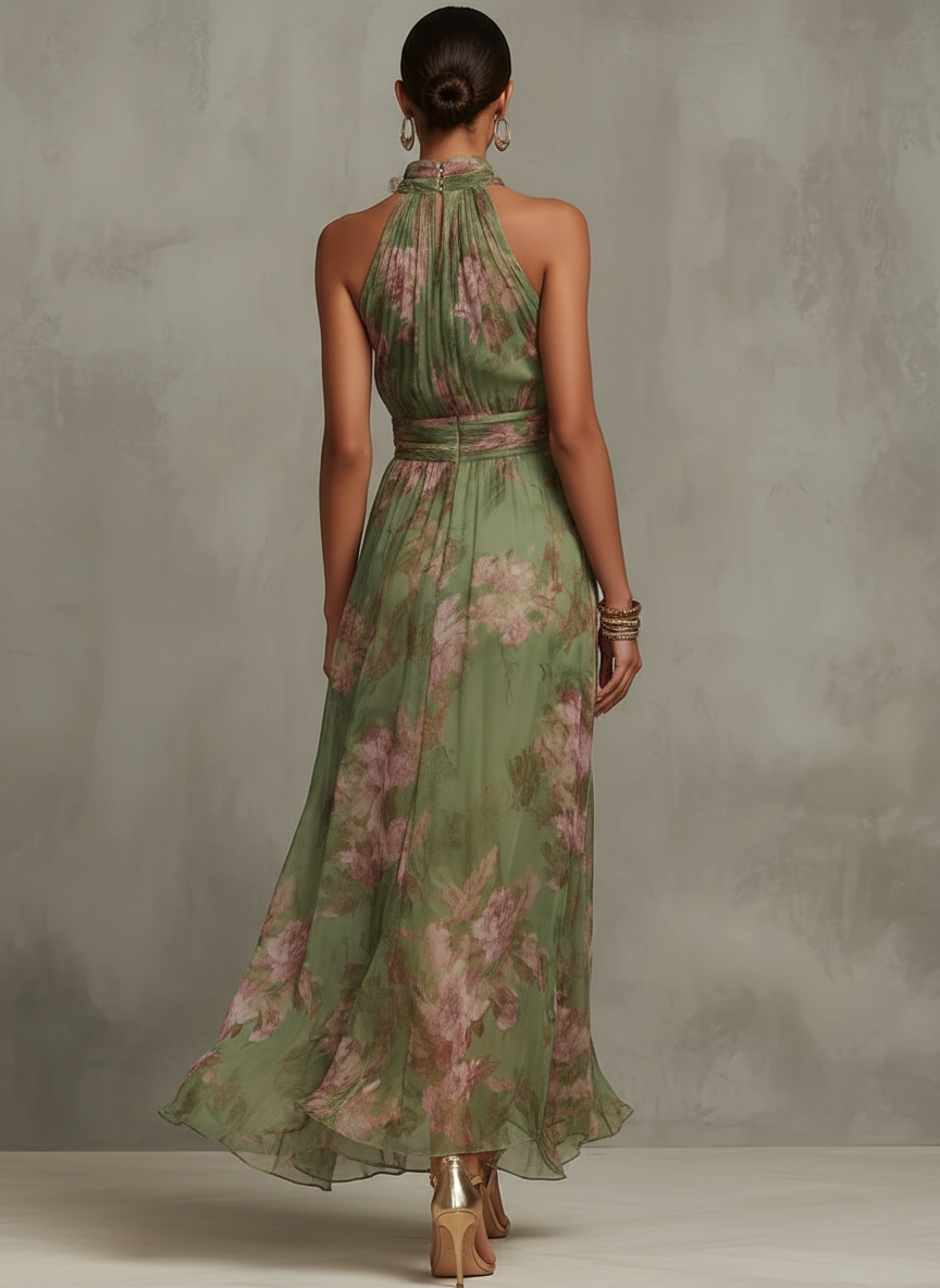 Vestido maxi halter floral elegante