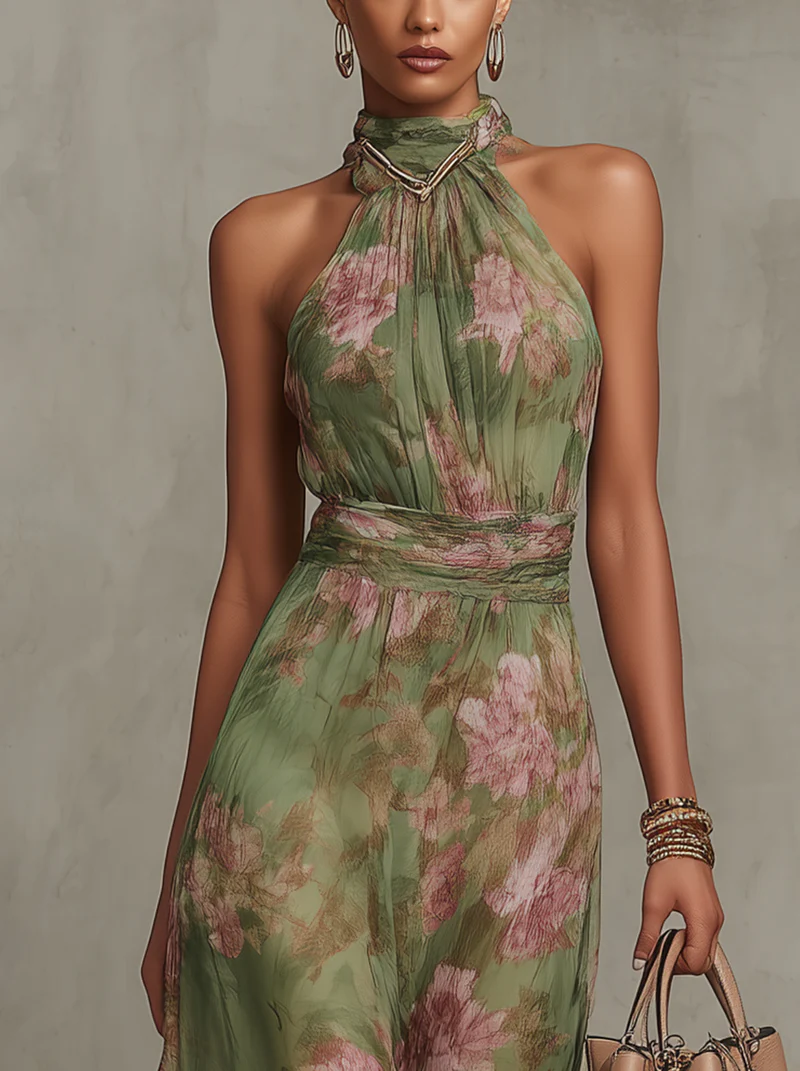 Vestido maxi halter floral elegante