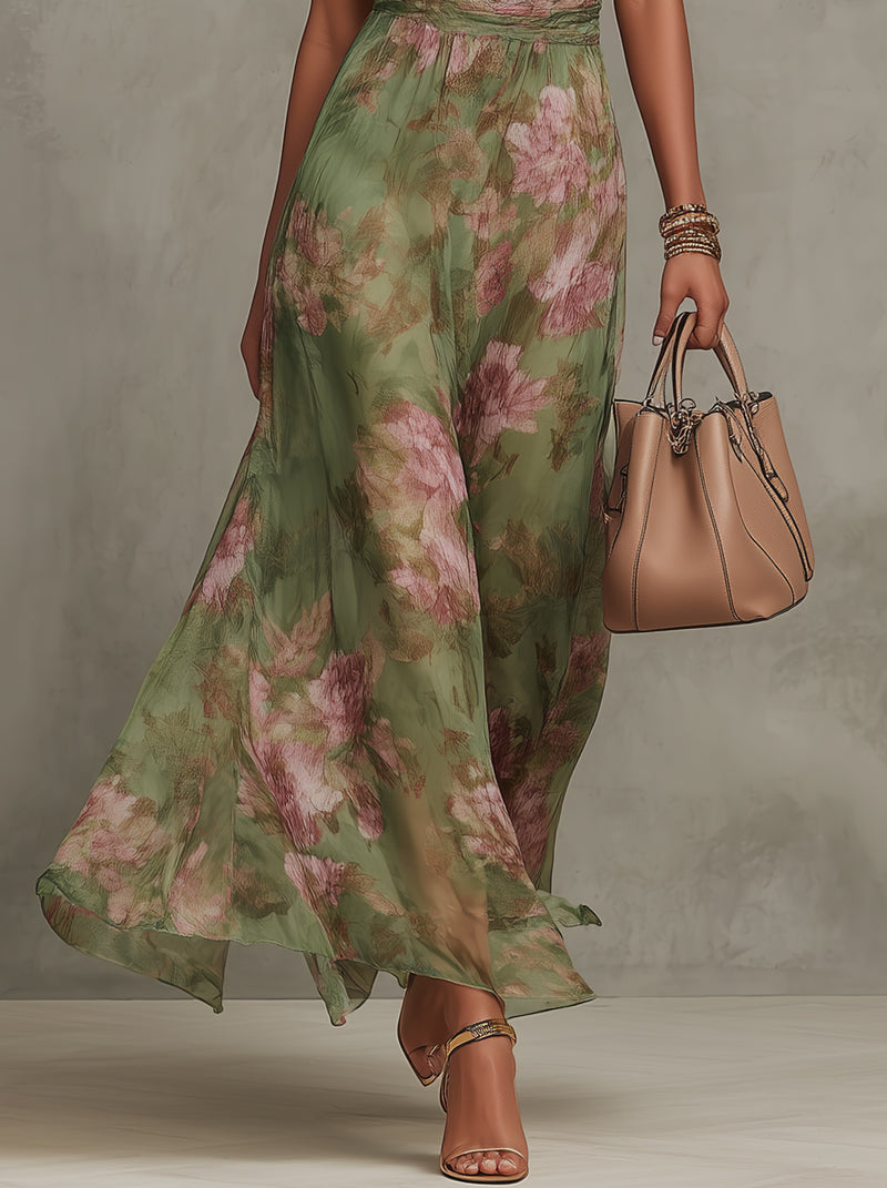 Vestido maxi halter floral elegante