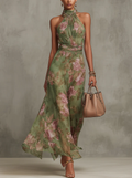 Vestido maxi halter floral elegante
