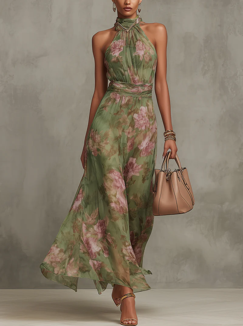 Vestido maxi halter floral elegante