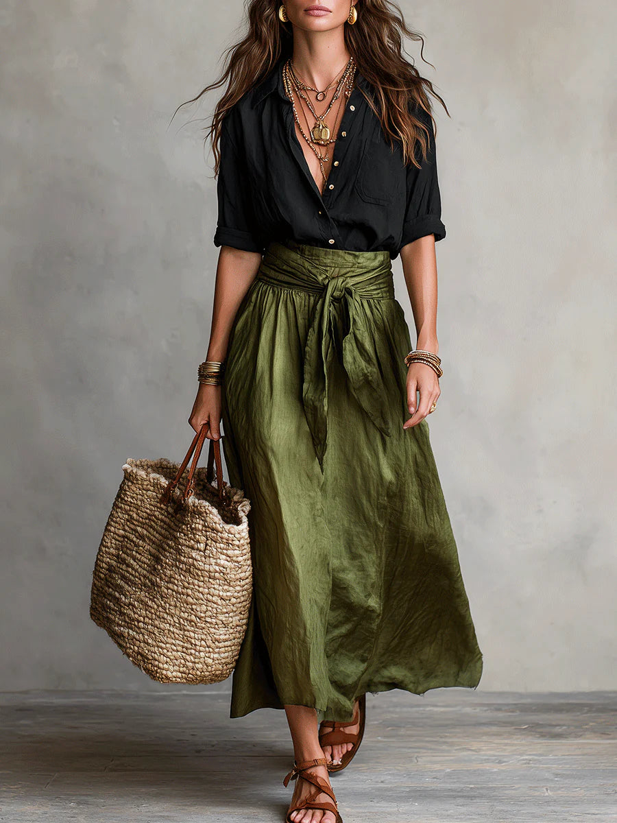 Conjunto de dos piezas: camisa negra y falda midi verde oliva