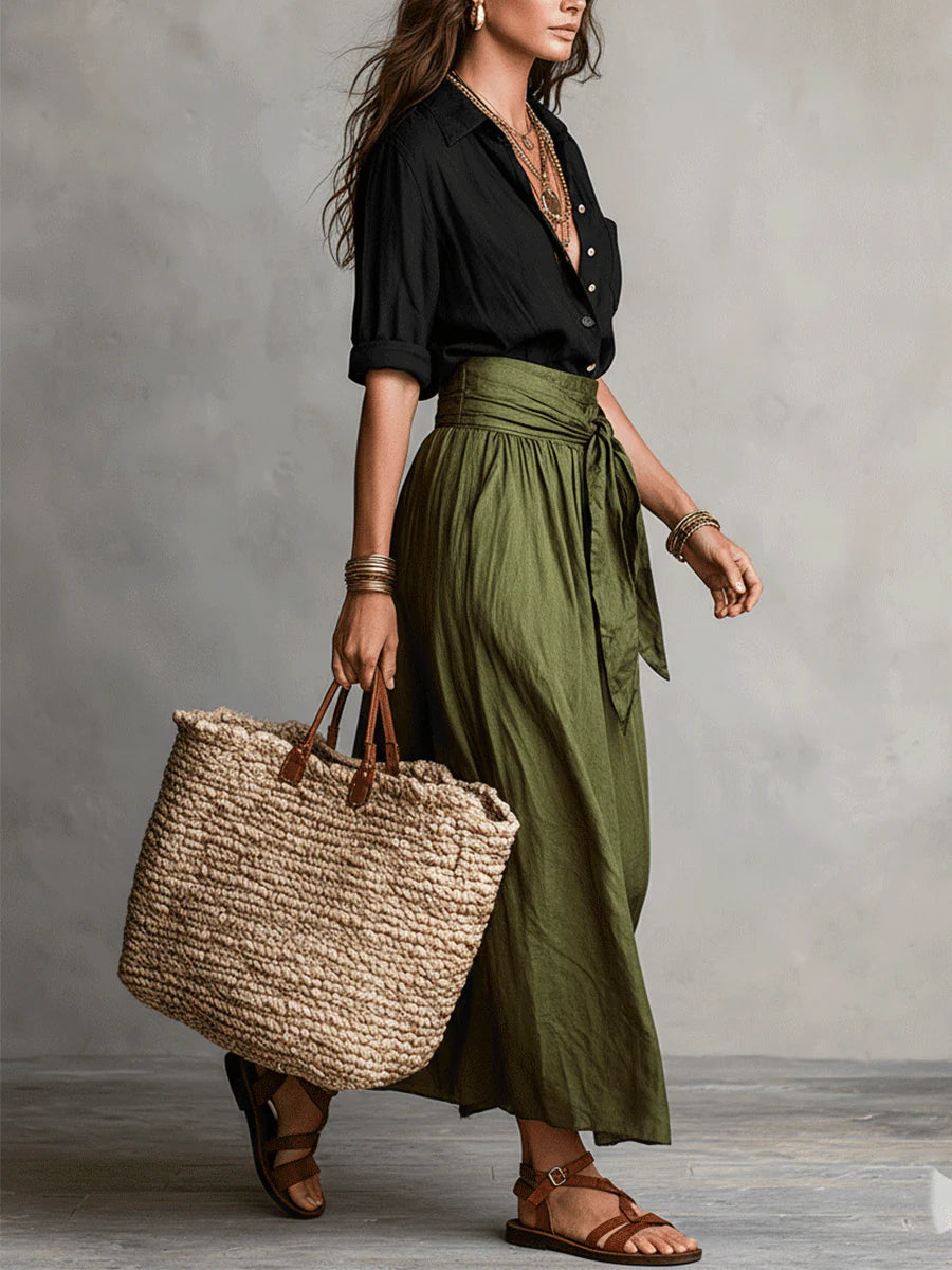 Conjunto de dos piezas: camisa negra y falda midi verde oliva