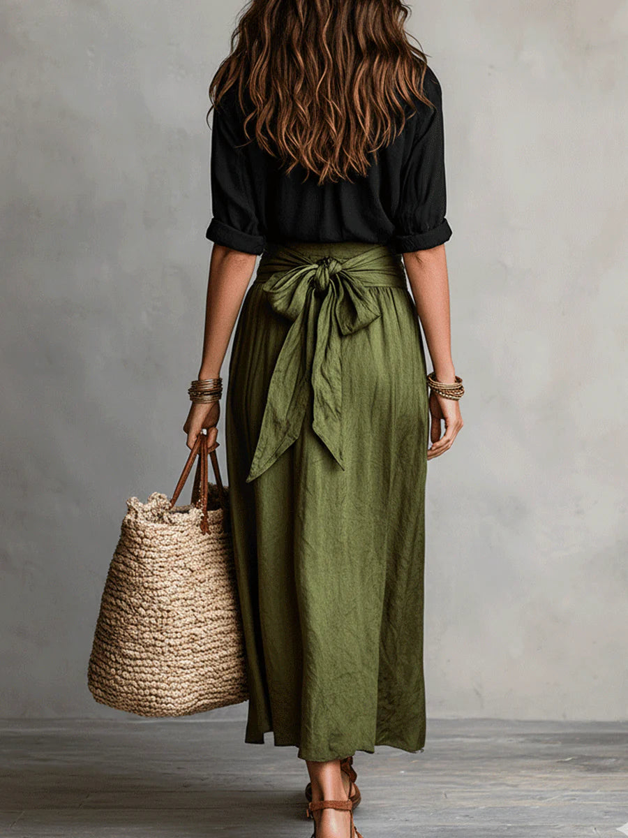 Conjunto de dos piezas: camisa negra y falda midi verde oliva