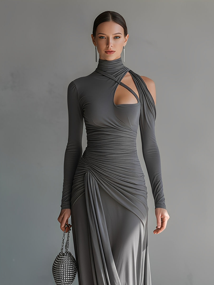 Vestido largo de mujer gris, de tejido sedoso y elástico