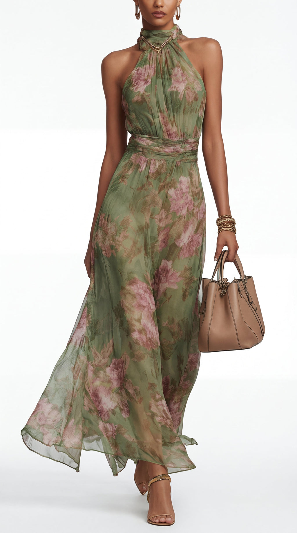 Vestido maxi halter floral elegante
