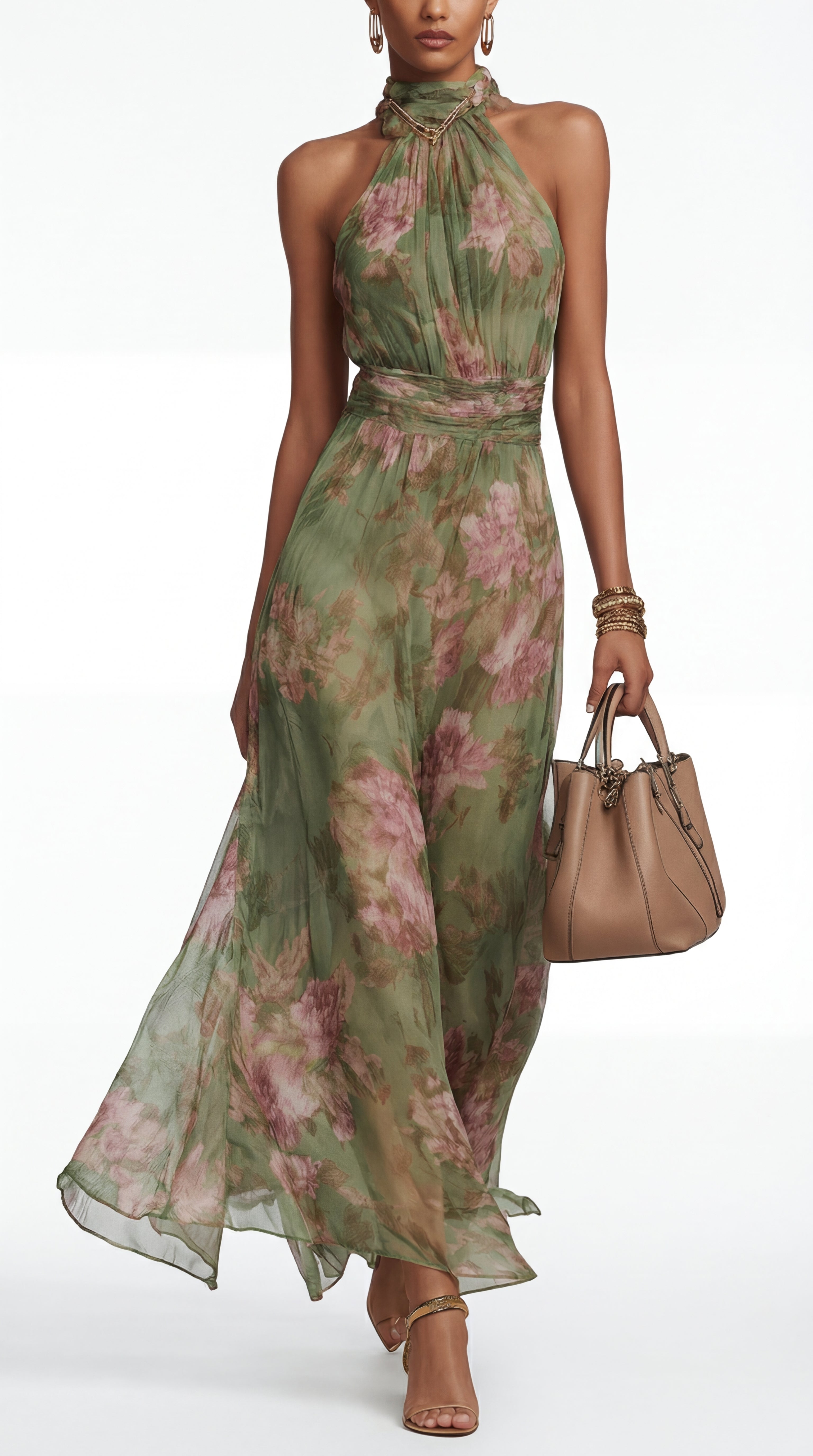 Vestido maxi halter floral elegante